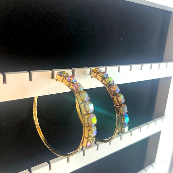 Rhinestone 2 inch Hoop Earrings gold tone multi - Picture 1 of 9